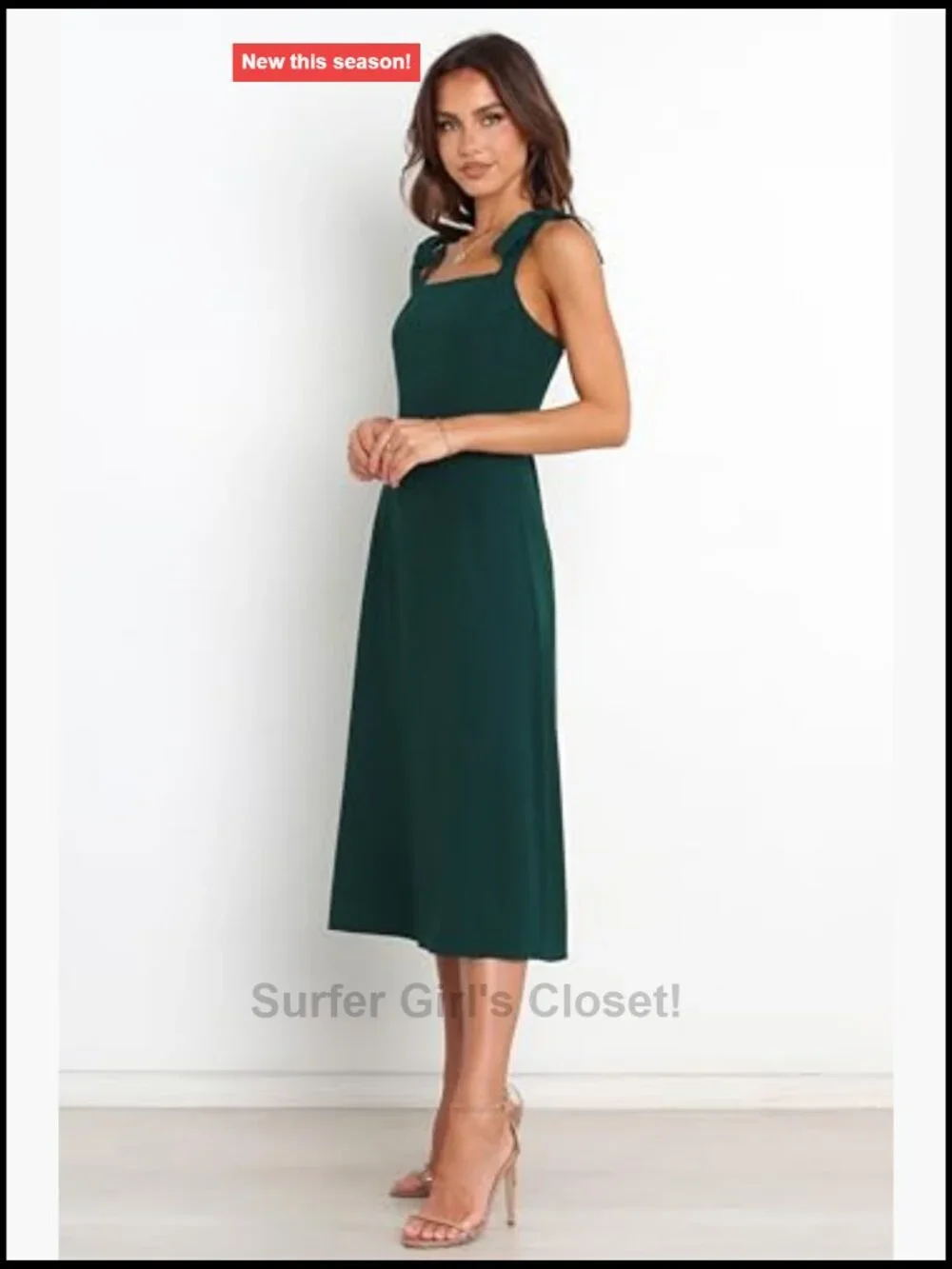 Emerald Midi A-Line Dress Square Neck Tie Back Sleeveless Zipper